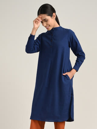 Navy Organic Cotton Mandarin Neck Pleated Tunic