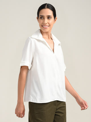 Cream Tencel V-Neck Top