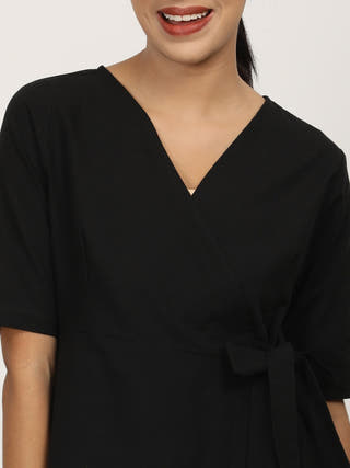 Black V-Neck Side Tie-Up Wrap Top Saltpetre Black