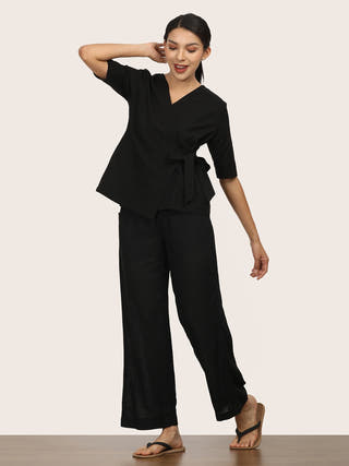 Black V-Neck Side Tie-Up Wrap Top Saltpetre Black