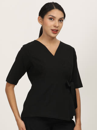 Black V-Neck Side Tie-Up Wrap Top Saltpetre Black