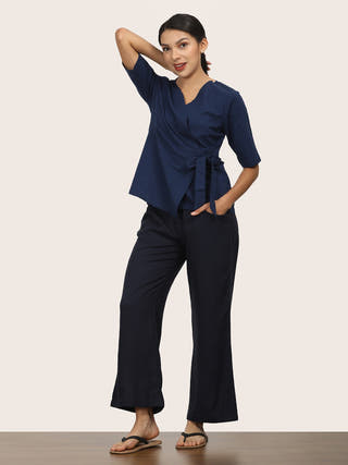 Navy V-Neck Side Tie-Up Wrap Top Saltpetre Navy Blue