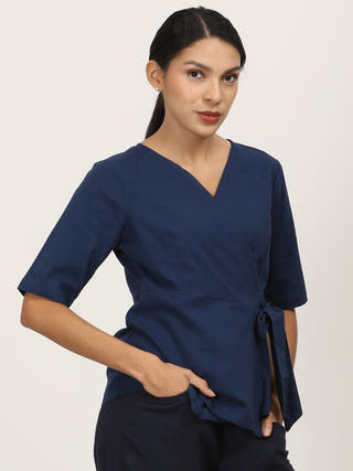 Navy V-Neck Side Tie-Up Wrap Top Saltpetre Navy Blue