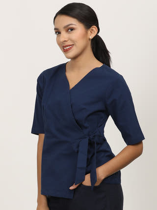 Navy V-Neck Side Tie-Up Wrap Top Saltpetre Navy Blue