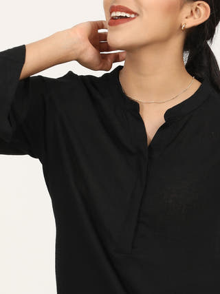 Black Bell Sleeve Split V Neck Tunic Saltpetre Black