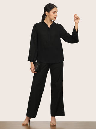 Black Bell Sleeve Split V Neck Tunic Saltpetre Black