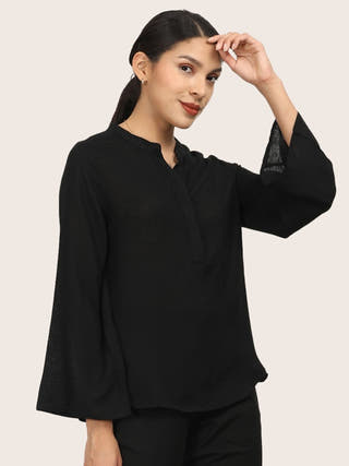 Black Bell Sleeve Split V Neck Tunic Saltpetre Black