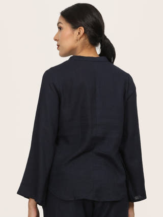Navy Blue Bell Sleeve Split V Neck Tunic Saltpetre Navy Blue