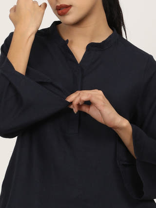 Navy Blue Bell Sleeve Split V Neck Tunic Saltpetre Navy Blue