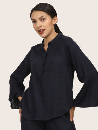 Navy Blue Bell Sleeve Split V Neck Tunic Saltpetre Navy Blue