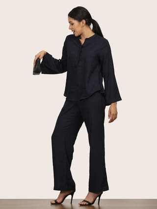 Navy Blue Bell Sleeve Split V Neck Tunic Saltpetre Navy Blue