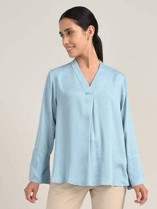 Blue Tencel V-Neck Bell Sleeve Top