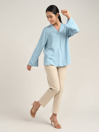 Blue Tencel V-Neck Bell Sleeve Top