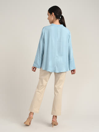Blue Tencel Front Pleat Top With Chinos Co-Ord Set
