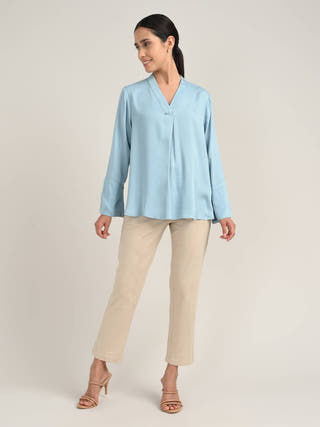 Blue Tencel Front Pleat Top With Chinos Co-Ord Set