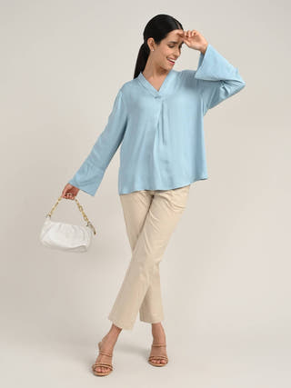 Blue Tencel Front Pleat Top With Chinos Co-Ord Set