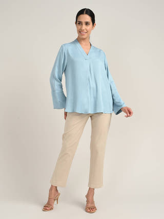 Blue Tencel Front Pleat Top With Chinos Co-Ord Set