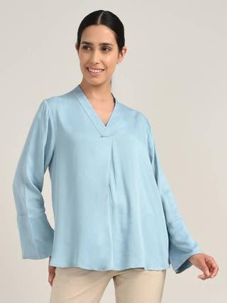 Blue Tencel V-Neck Bell Sleeve Top