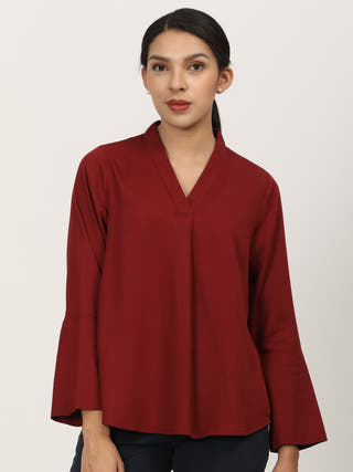 Maroon Bell Sleeve Shawl V-Neck Modal Top Saltpetre Maroon