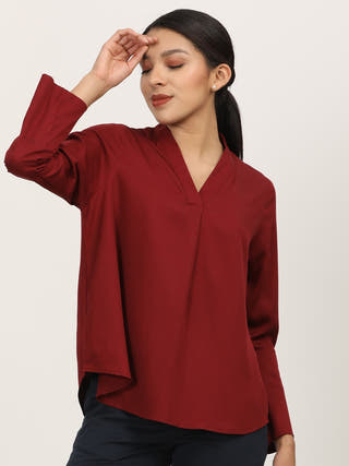 Maroon Bell Sleeve Shawl V-Neck Modal Top Saltpetre Maroon