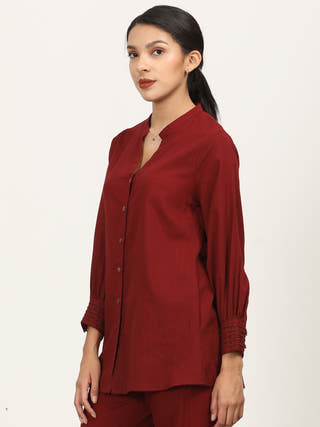 Organic Cotton Split V-Neck Maroon Shirt Saltpetre Maroon
