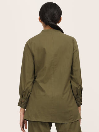 Organic Cotton Split V-Neck Olive Shirt Saltpetre Olive