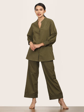 Organic Cotton Split V-Neck Olive Shirt Saltpetre Olive