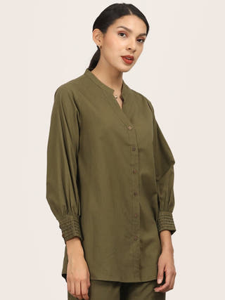 Organic Cotton Split V-Neck Olive Shirt Saltpetre Olive
