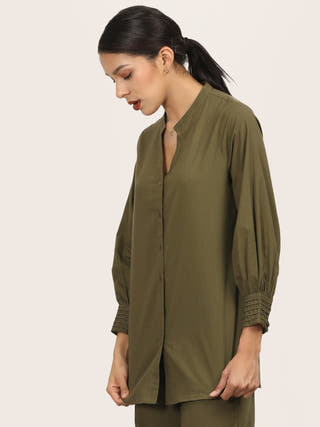 Organic Cotton Split V-Neck Olive Shirt Saltpetre Olive