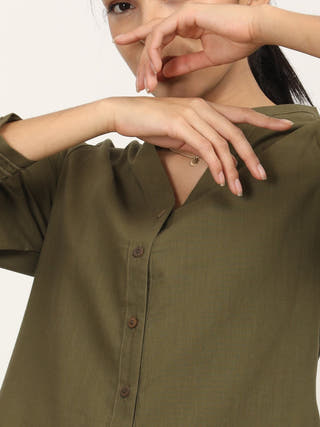 Organic Cotton Split V-Neck Olive Shirt Saltpetre Olive