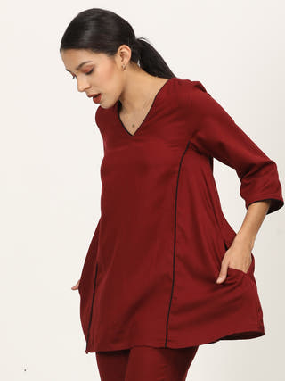 Maroon V-Neck Relaxed A-Line Tunic Saltpetre Maroon
