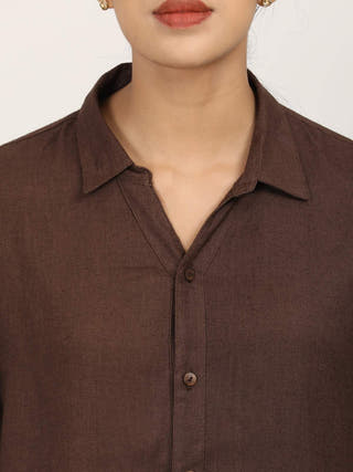 Coffee Brown Linen Open V-Neck Shirt Saltpetre Coffee Brown