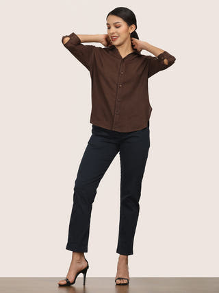 Coffee Brown Linen Open V-Neck Shirt Saltpetre Coffee Brown