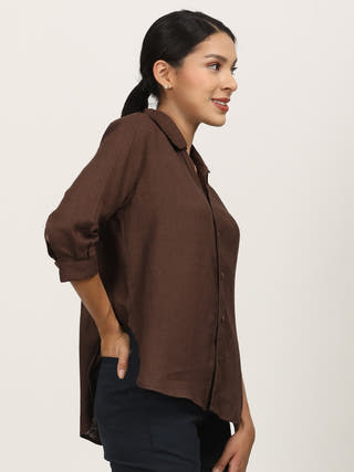 Coffee Brown Linen Open V-Neck Shirt Saltpetre Coffee Brown