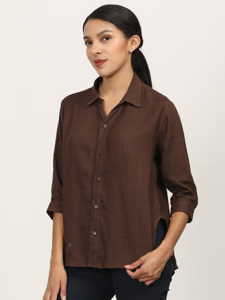 Coffee Brown Linen Open V-Neck Shirt Saltpetre Coffee Brown