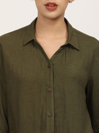 Olive Linen Open V-Neck Shirt Saltpetre Olive