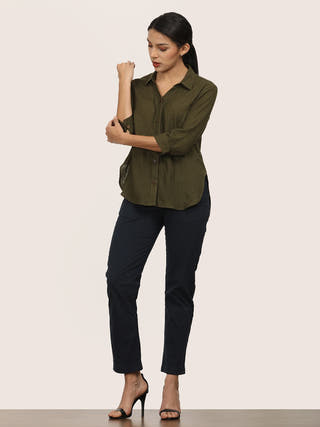 Olive Linen Open V-Neck Shirt Saltpetre Olive