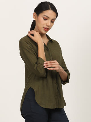 Olive Linen Open V-Neck Shirt Saltpetre Olive