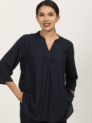 Navy Split V-Neck Top Saltpetre Navy Blue