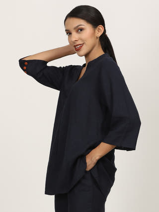 Navy Split V-Neck Top Saltpetre Navy Blue