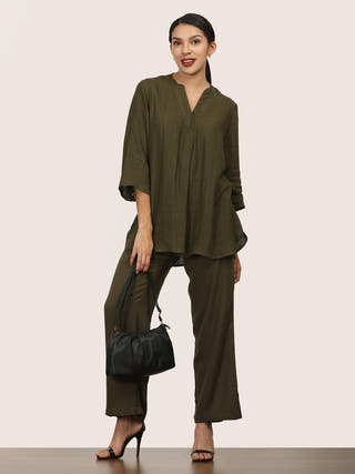 Linen Olive Split Co-ord Set Saltpetre Olive