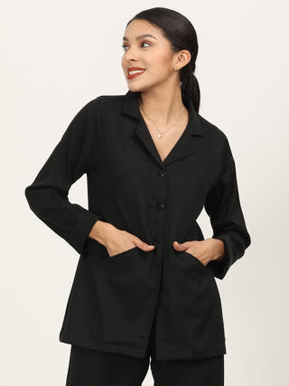 Black Tencel Cuban Collar Blazer Shirt Saltpetre Black