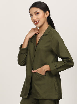 Olive Tencel Cuban Collar Blazer Shirt Saltpetre Olive