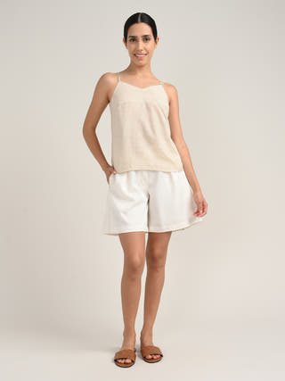 Linen Beige Slip Top With Cream Shrug And Tencel Short Co-Ord Set