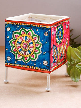 Square Baby T-Light Floral Hand-Painted On Leather