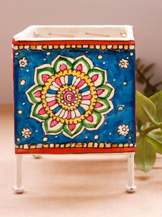 Square Baby T-Light Floral Hand-Painted On Leather