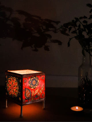 Square Baby T-Light Floral Hand-Painted On Leather