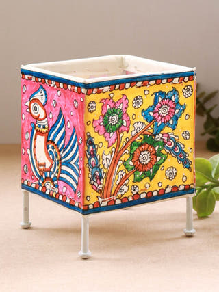Square Baby T-Light Peacock Foliage Hand-Painted On Leather