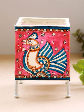 Square Baby T-Light Peacock Foliage Hand-Painted On Leather
