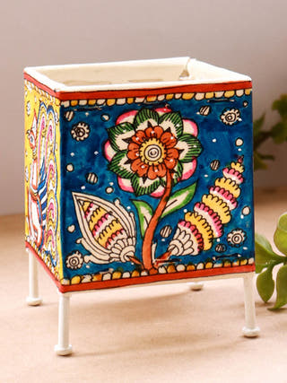 Square Baby T-Light Peacock Foliage Hand-Painted On Leather